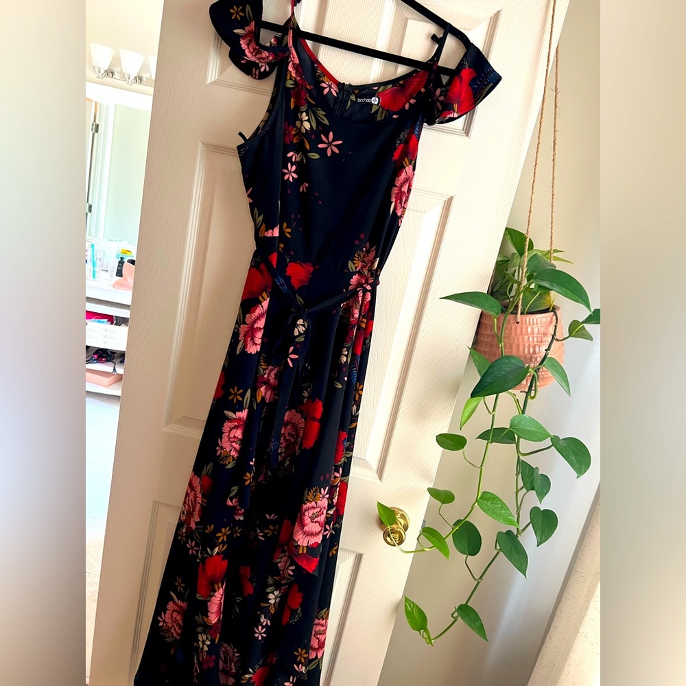 floral flowy high-low dress with fun shoulder strap details